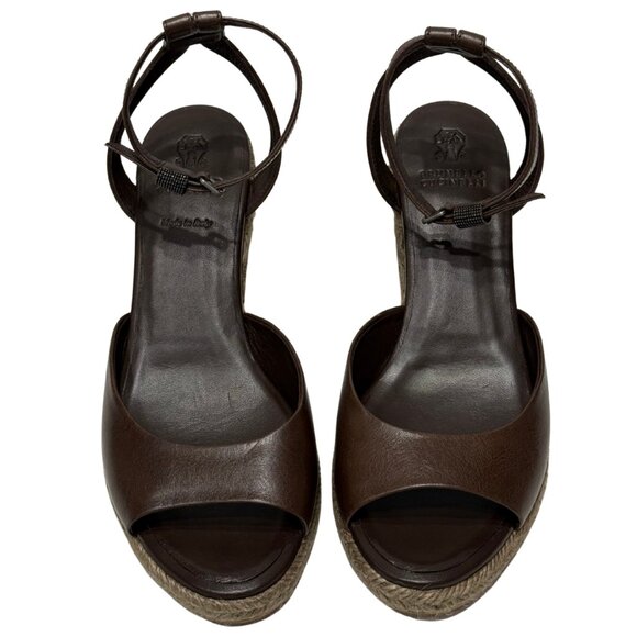 $1250 Brunello Cucinelli brown leather espadrille wedges size 8/38 - Picture 6 of 6